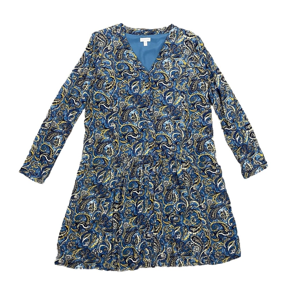Garnet Hill Dress Womens Size 12 Blue Dropwaist Button-Up Paisley Quiet Luxury - Picture 4 of 16